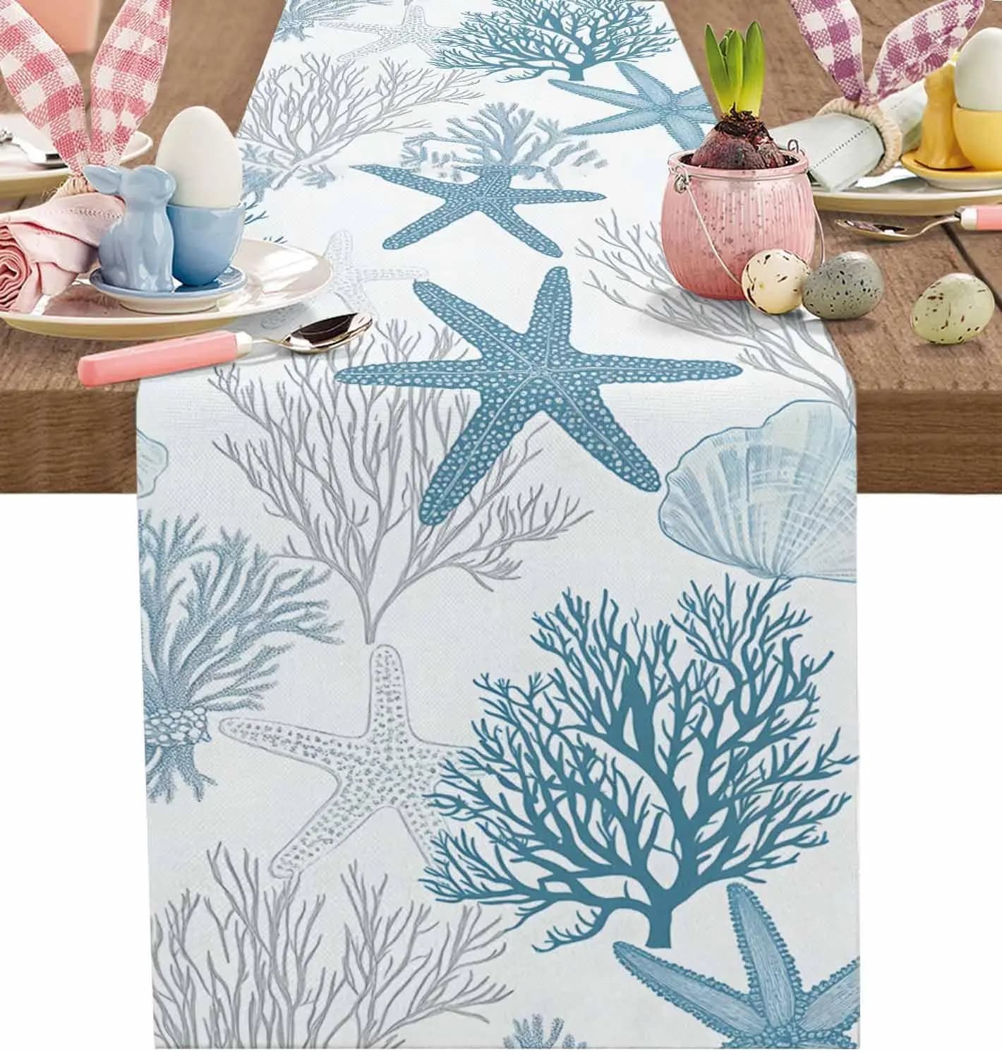 Ocean Coral Starfish Table Runner Dresser Scarves Table Decor Reusable Kitchen Dining Table Runner Holiday Party Decoration