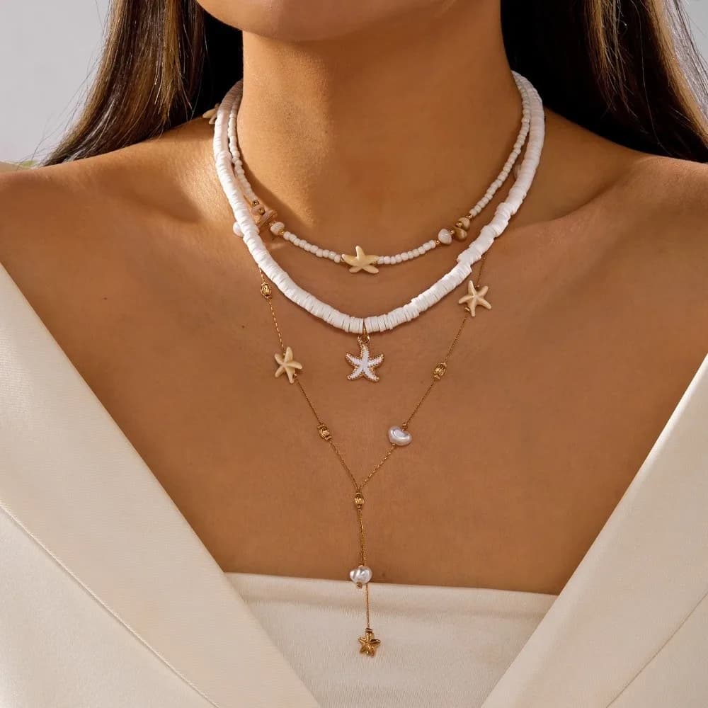 4Pcs/Set Vintage Boho Starfish Pendant Necklace Multilayer Imitation Pearl Shell Choker Beads Seashell Choker Beach