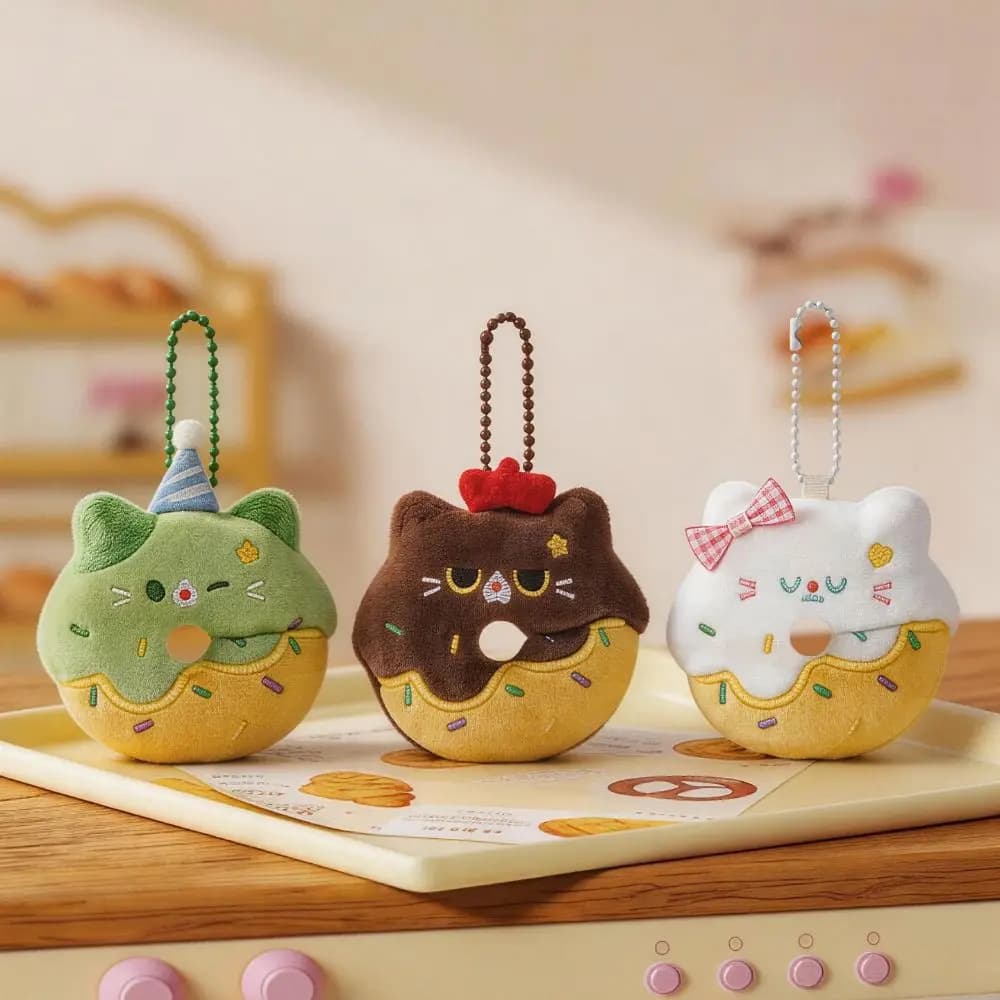Little Cat Donut Cat Plush Keychain Soft Plush Furry Design Cute Cat Keychain Cartoon Design Dopamine Style Bag Pendant
