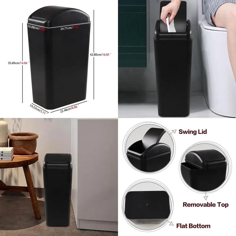 Bidone della spazzatura compatto con piano oscillante da 12 litri/3,2 G, cestino per rifiuti da cucina in plastica, nero