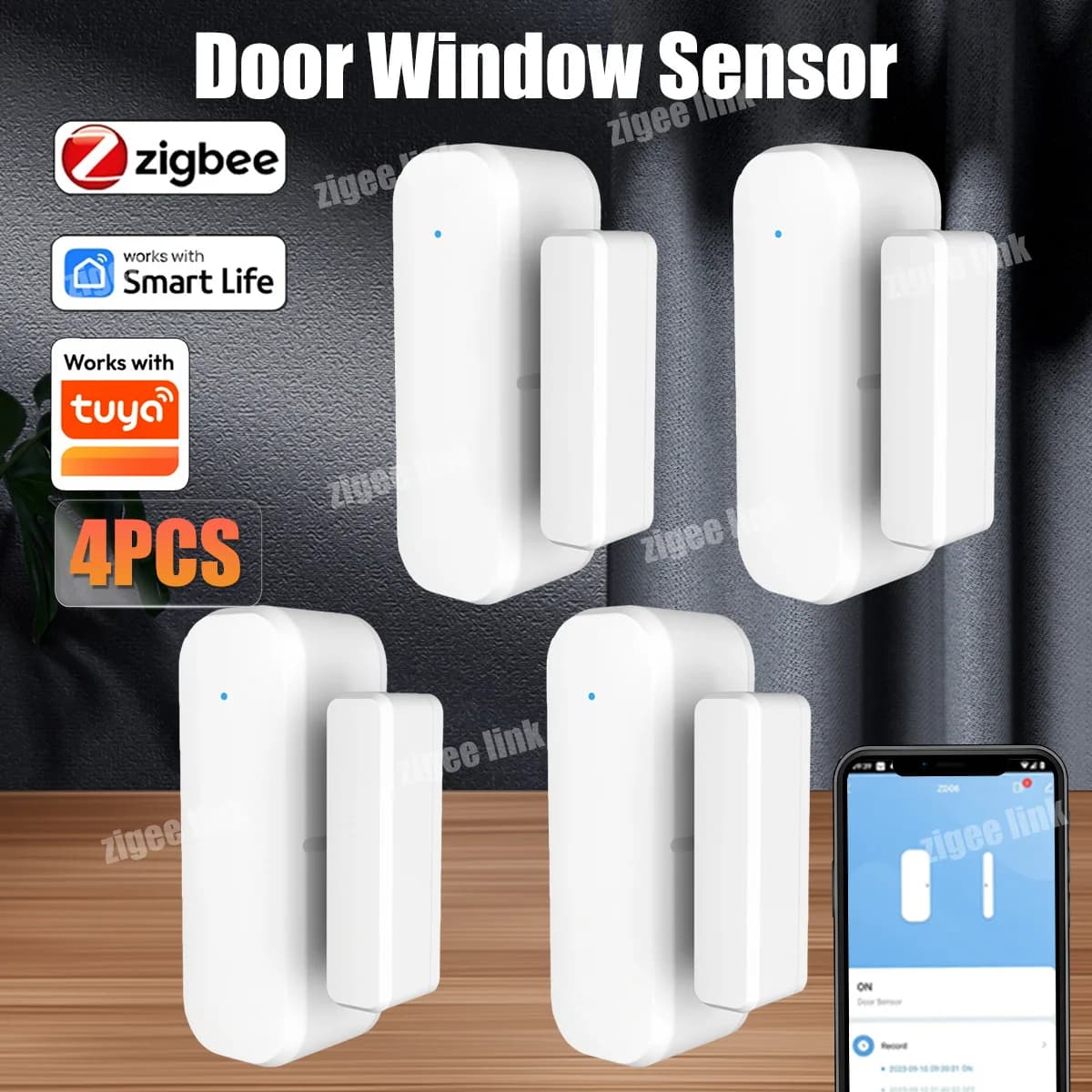 4 sensori Zigbee per porte e finestre, rilevatore di apertura/chiusura wireless per allarme antifurto Tuya Smart Home, richiede gateway
