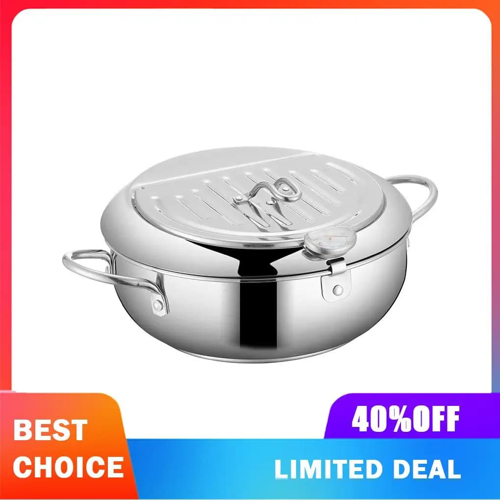 Deep Frying Pot Stainless Steel Fryer Kitchen Cooking Fried Pot with Thermometer and Lid, 24cm