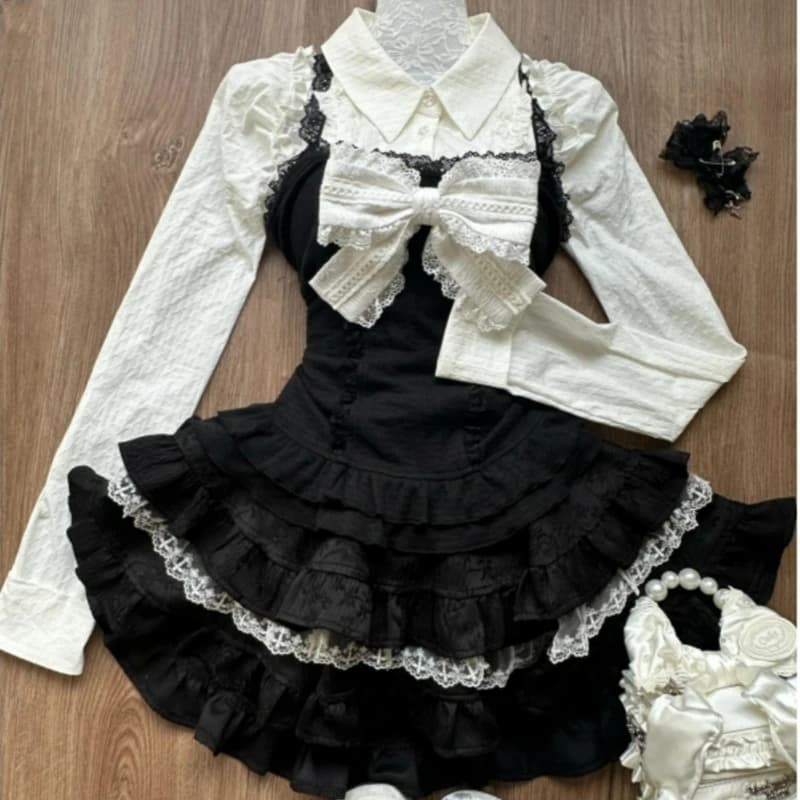 Y2k Aesthetic Lolita Style 3 Pieces Women's Set Kawaii Shirt White Bow Vest Lace Volant Miniskirt Japan Fashion Gothic Gothic Dress