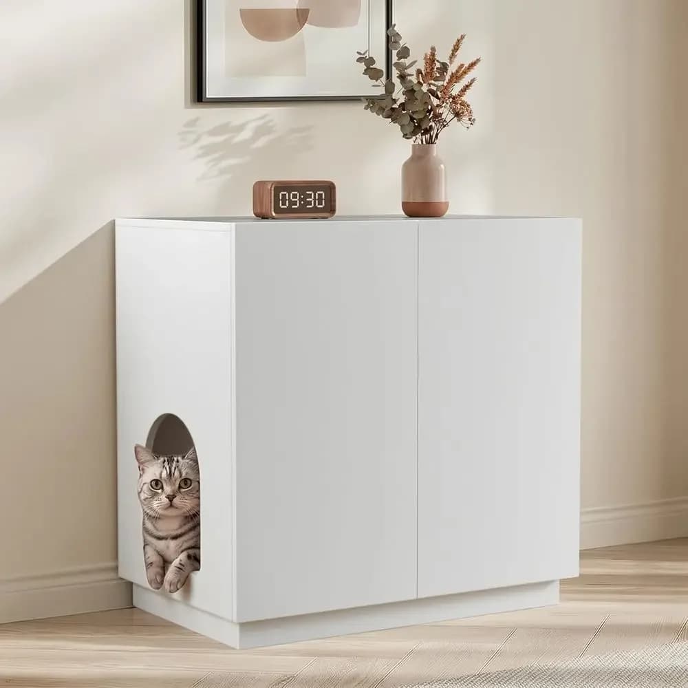 Mobiletto per lettiera in legno extra large con spazio di archiviazione nascosto, bianco