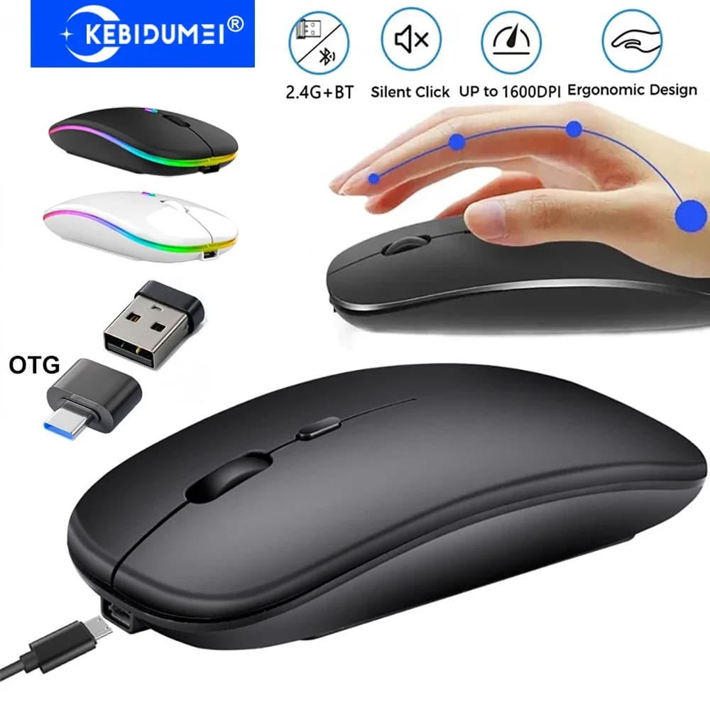 KEBIDUMEI Mouse wireless Bluetooth 2.4G a doppia modalità Mouse silenzioso ricaricabile Mouse da gioco ultrasottile retroilluminato RGB per laptop Macbook