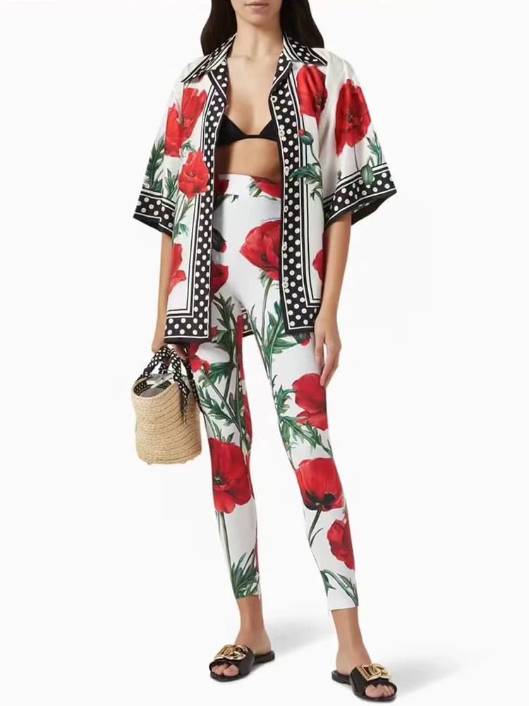 Designer retro geometric print pajamas wind shirt two-piece 2026 summer women's clothing+knitted tight pants fashion suit