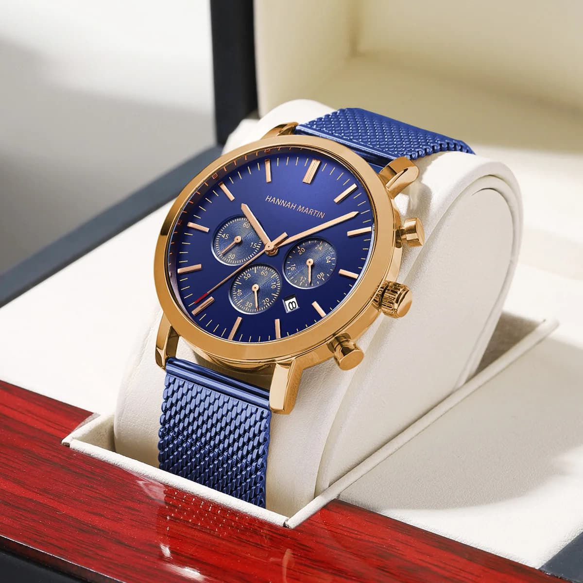 Hannah Martin Orologio da uomo multifunzionale Maglia in acciaio inossidabile Quadrante temporizzato da 45 mm Movimento al quarzo in oro rosa blu Orologi impermeabili