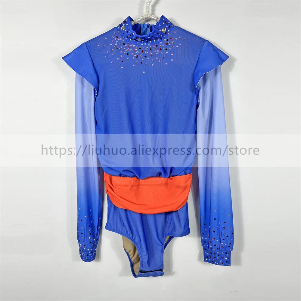 LIUHUO Pattinaggio di Figura Top Uomo Ragazzo Prestazioni sul Ghiaccio Costume Concorso Body a Maniche Lunghe Blu Sfumato Danza Bambini Adolescenti Moderni