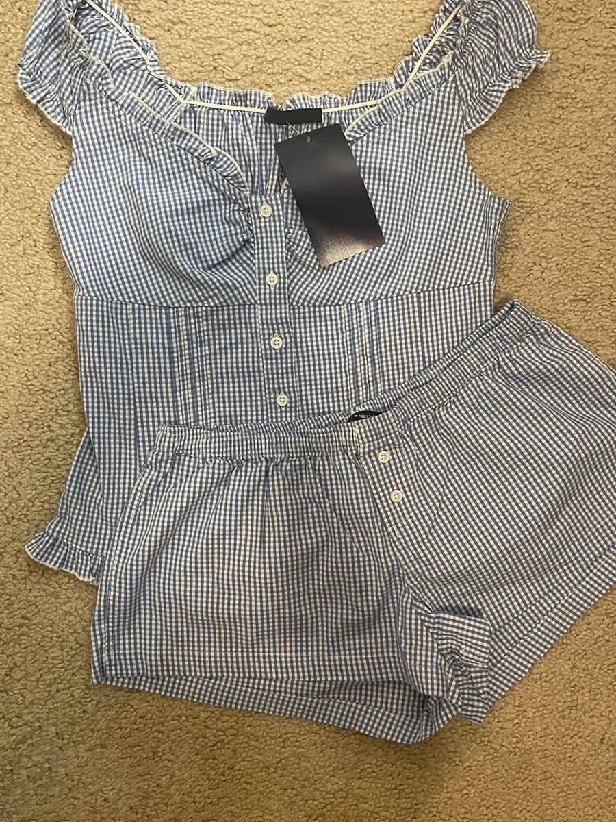 T-shirt con maniche a sbuffo con volant Set corto da donna Bottoni scozzesi blu T-shirt slim + Pantaloncini sportivi dritti Dolce casa Pigiama Set da 2 pezzi Y2K