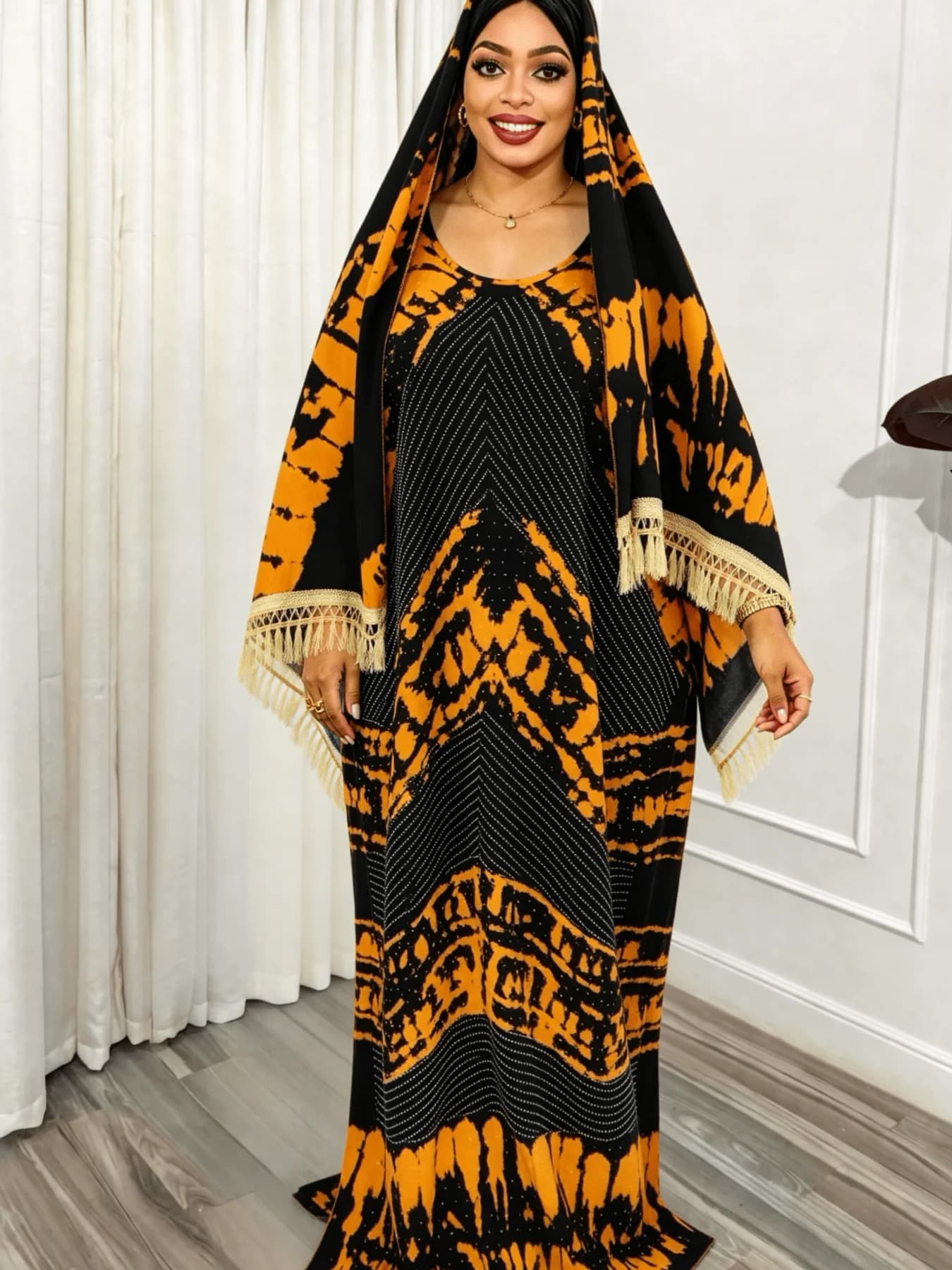 Plus Size Abaya Dubai Turkey Sequins Print Traditional Muslim Long Dress Middle East Traditional Robe With Matching Scarf