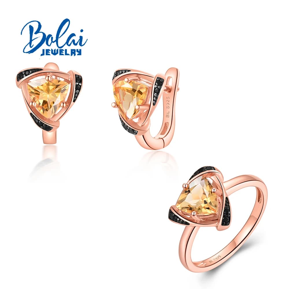 Set di gioielli da donna in argento sterling 925 con triangolo da 7,0 mm, pietra preziosa citrino naturale, anello dal design semplice, orecchini per regali speciali