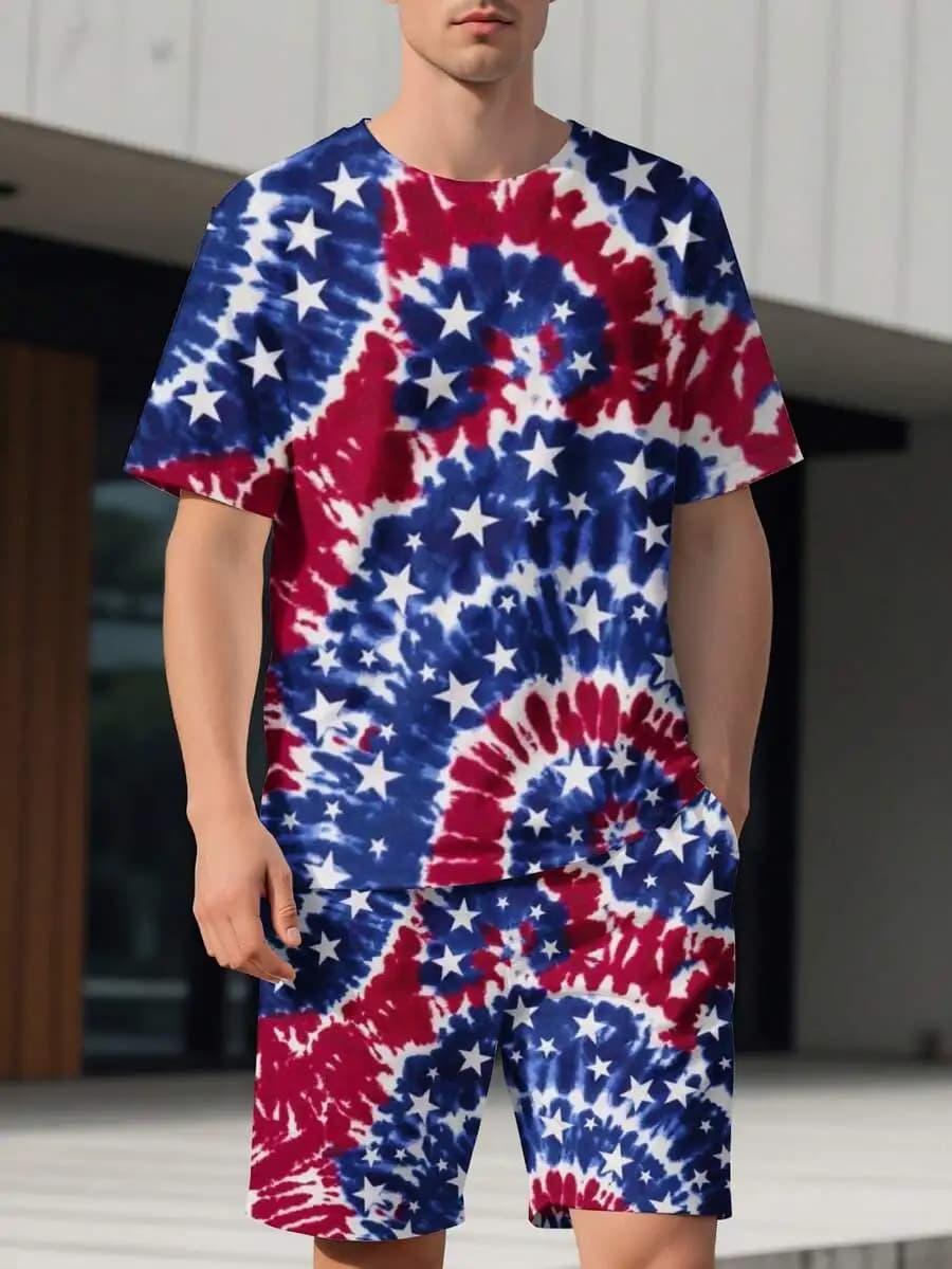 T-shirt e pantaloncini da uomo a maniche corte con stampa patriottica tie-dye, completo casual estivo con stelle e strisce