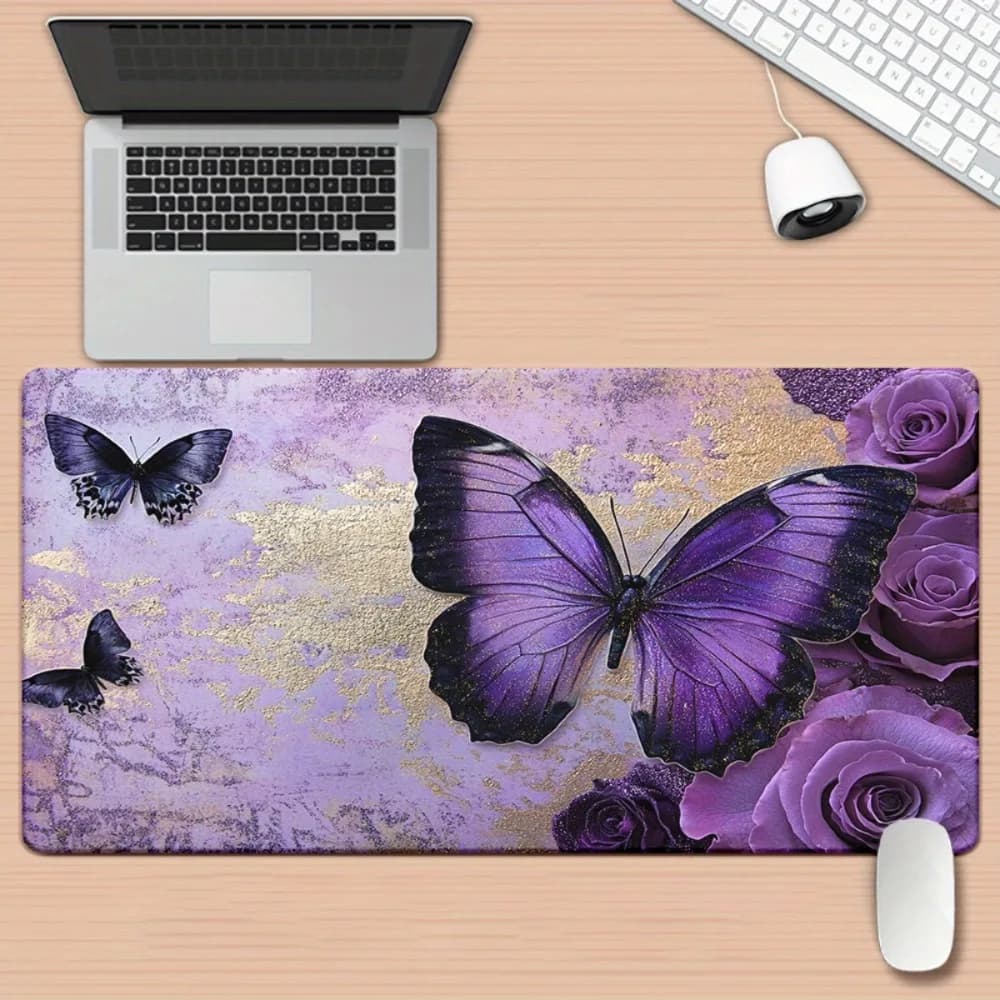 Tappetino da Scrivania con Farfalle Viola e Rose, Tappetino per Mouse da Gaming Grande con Farfalle Floreali in Lamina d'Oro, Tappetino Esteso per Tastiera