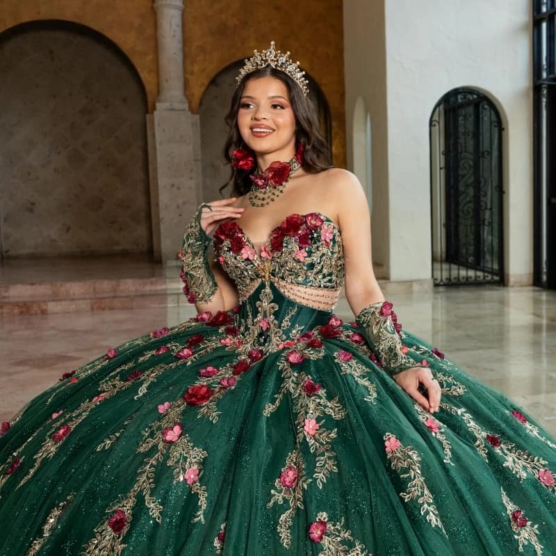 Abiti Quinceanera lucidi verde scuro con spalle scoperte Applique con perline di fiori Tull di cristallo Festa di compleanno Abito dolce 16 Vestido
