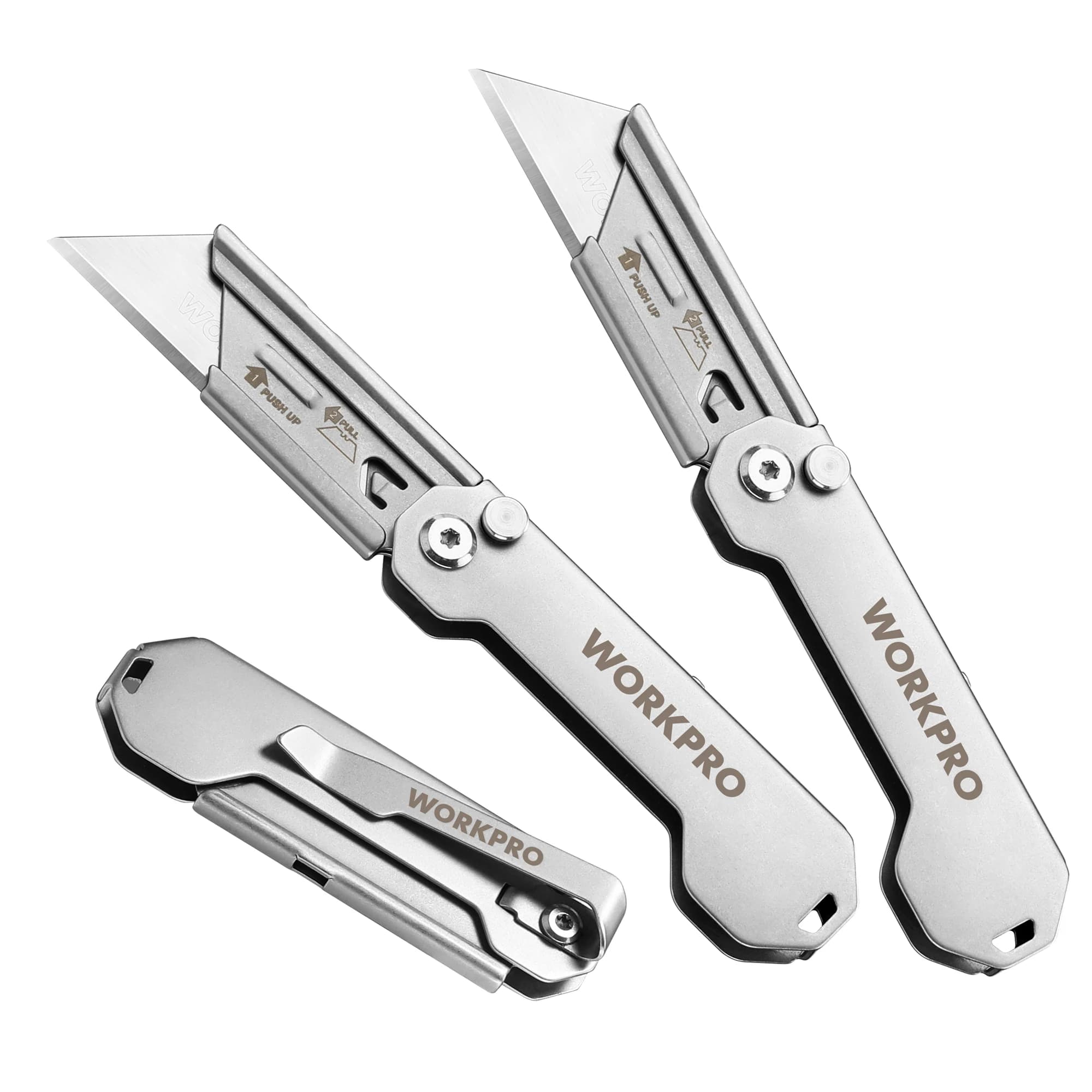 WORKPRO Coltello multiuso pieghevole da 3 pezzi Coltello tascabile rapido in acciaio inossidabile con clip da cintura Lama affilata Taglio per uso generale