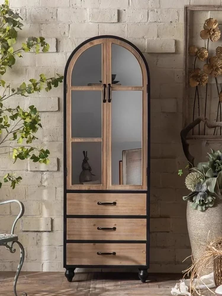 QQFFRetro Vetrina in Legno Massello con Finitura Anticata, Mobile d'Ingresso, Vetrina ad Arco, Cantinetta, Libreria