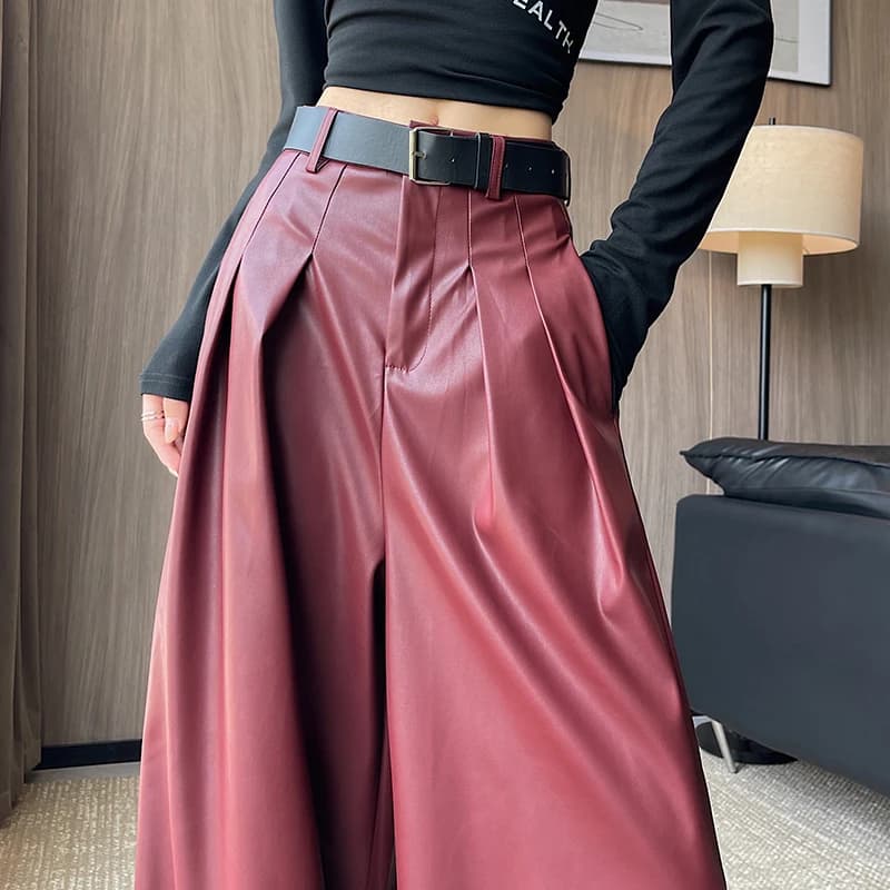 MEXZT Pantaloni a gamba larga in pelle PU nera Cintura streetwear da donna Pantaloni larghi da abito rossi Pantaloni dritti casual coreani Harajuku invernali