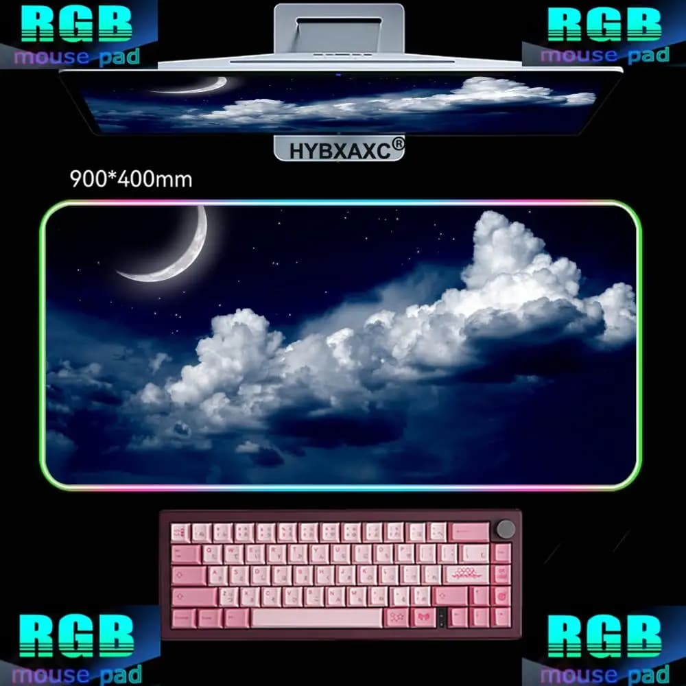 Tappetino per Mouse da Gioco HYBXAXC 800X40MM con Cielo Stellato Notturno e Galassia, Tappetino da Scrivania RGB HD XXL con Illuminazione LED