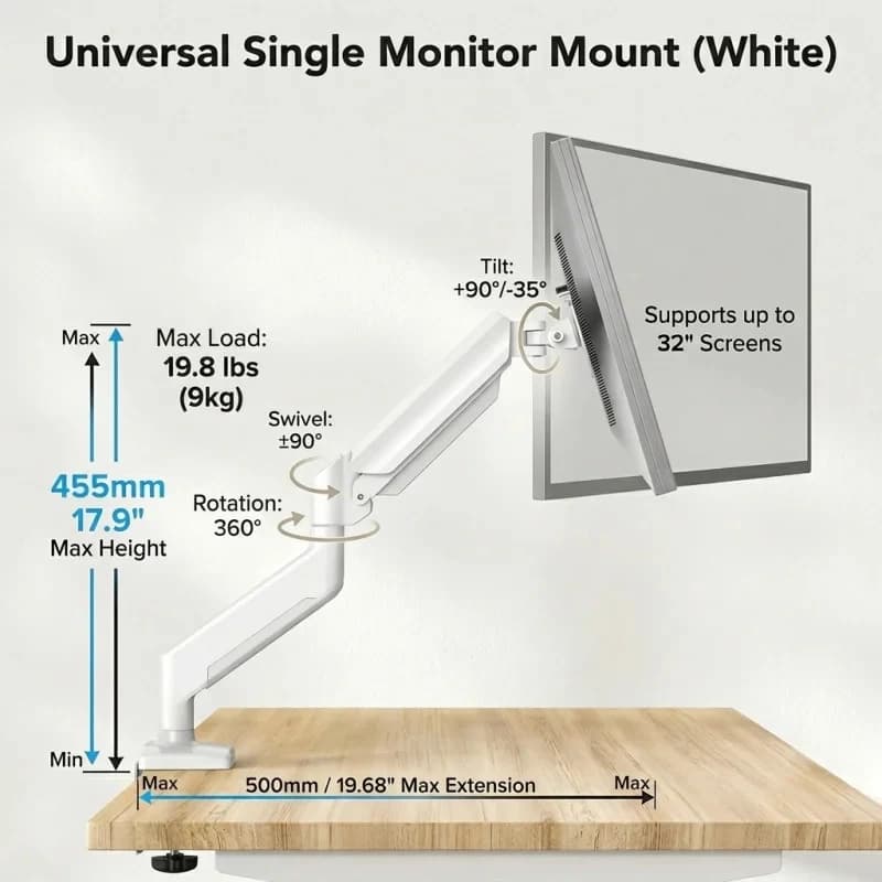 Supporto Universale per Monitor con Braccio a Molla, Montaggio da Scrivania per Singolo Schermo, Completamente Regolabile per LED da 13 a 32 Pollici