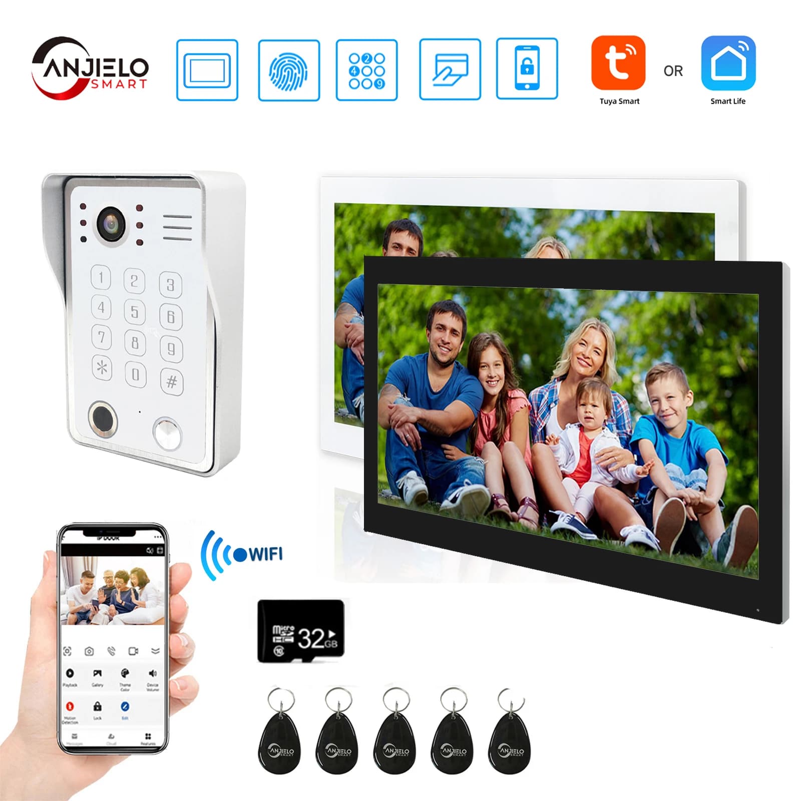 Tuya Videocitofono da 7/10 pollici Touch screen bianco con campanello cablato 2MP 148 ° APP Password Impronta digitale Card Swipe Monitor