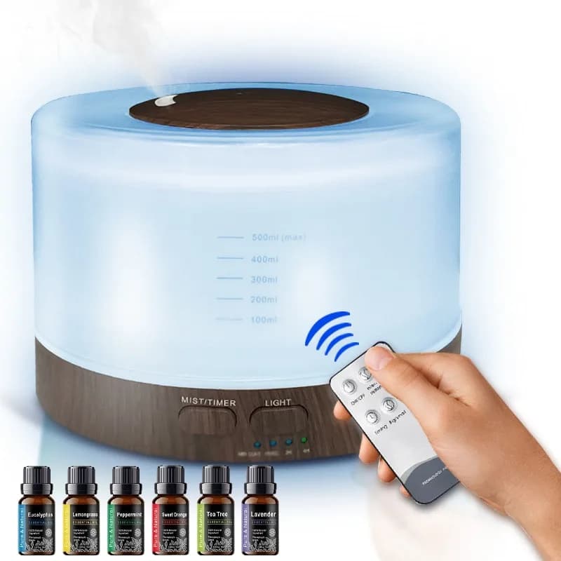 Diffusore per la casa Diffusore di oli essenziali telecomandato 500ml Grano di legno Umidificatore ad ultrasuoni a nebbia fredda con luce notturna 6 O