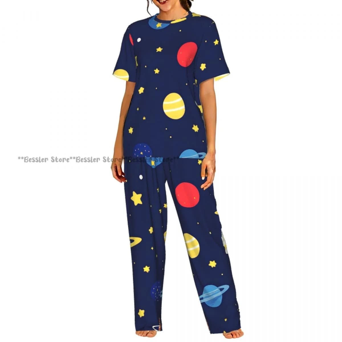 Pigiama da donna, set di abbigliamento da notte con stelle e pianeti colorati, motivo carino, maniche corte