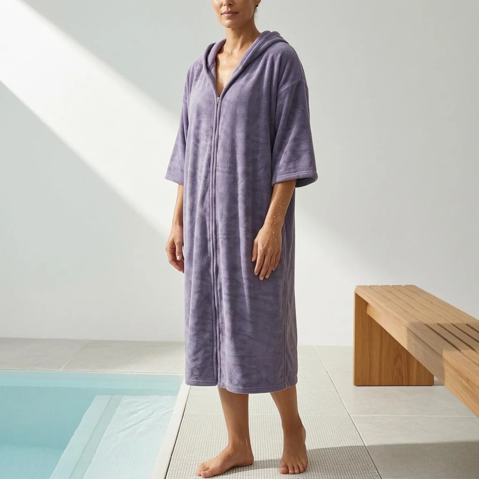 Hooded Bathrobe Zippered Microfiber Robe Short-Sleeve Robe Luxuriously Soft for Adults