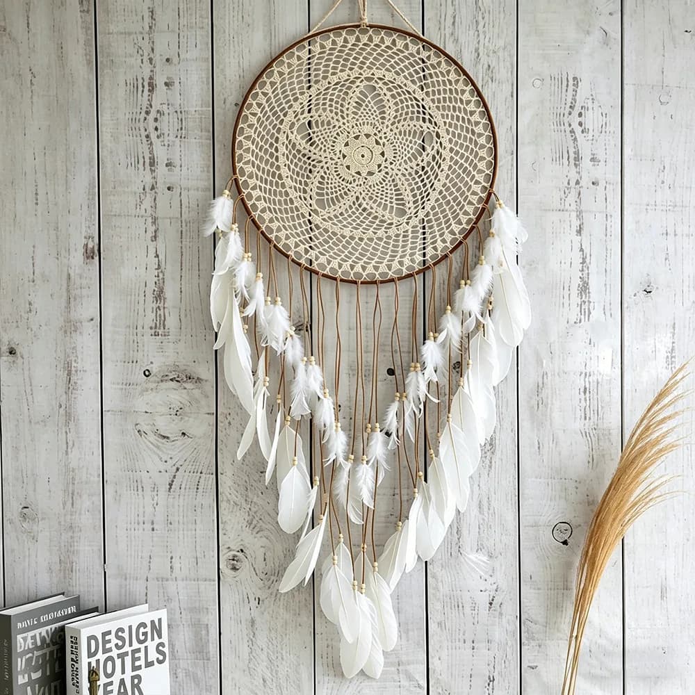 Bohemian Macrame Dreamcatcher Wall Hanging with White Feathers Handmade Home Decor for Bedroom Living Room