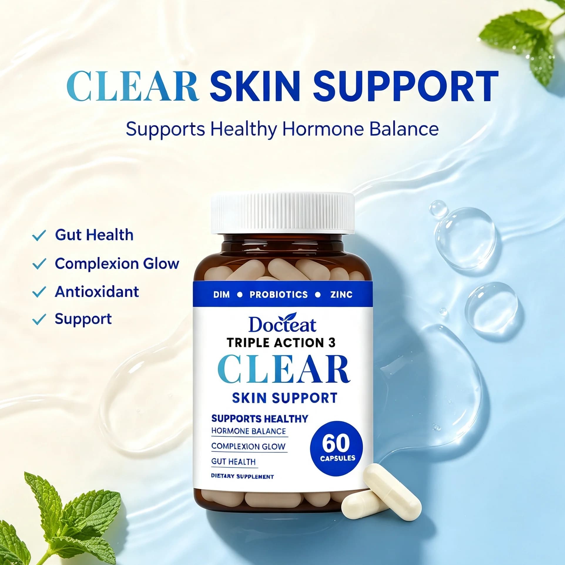 Clear Skin Support Capsules DIM Probiotics Zinc Supplement Hormone Balance Acne Treatment Gut Health Complexion Glow 60 Pills