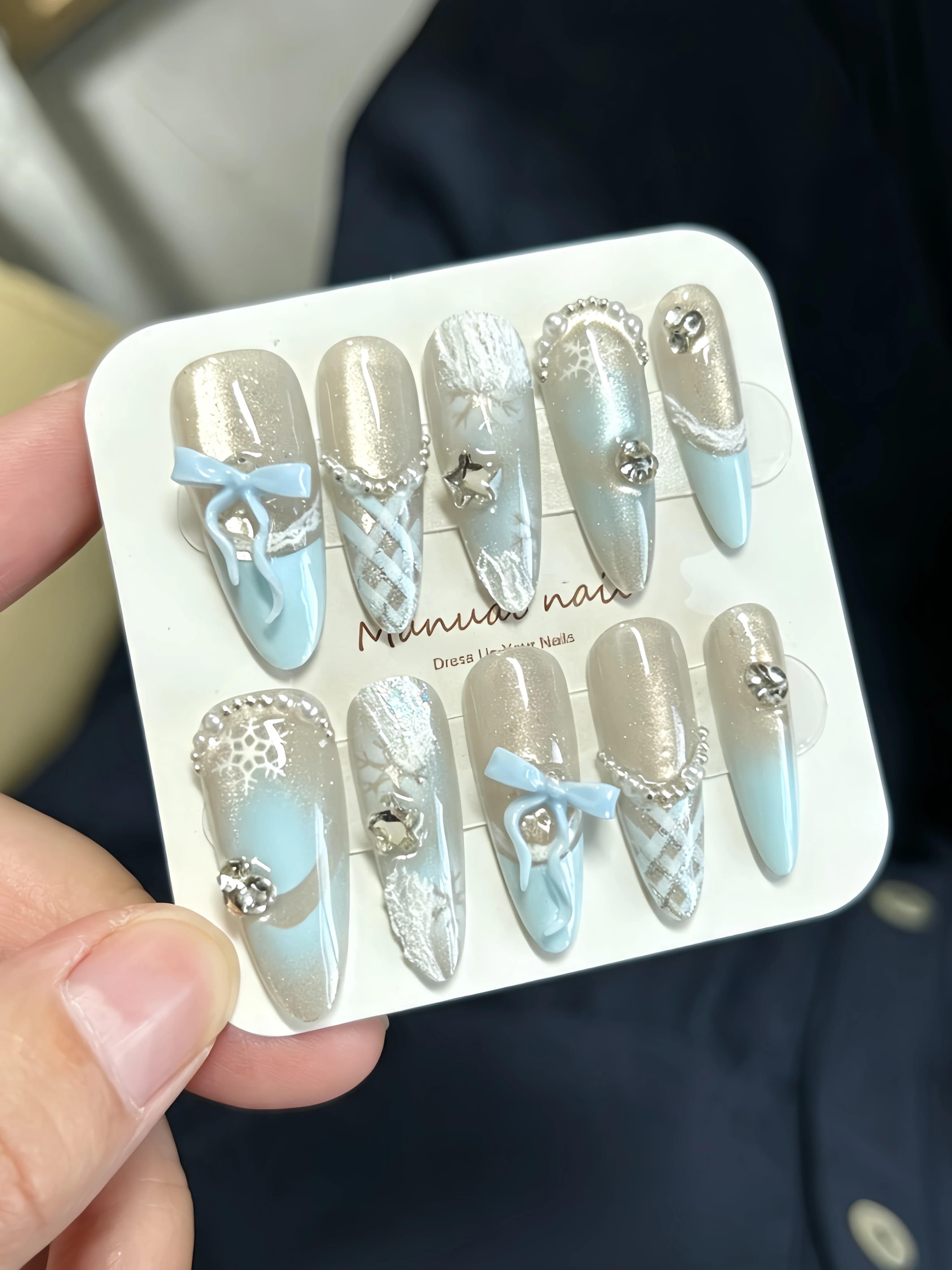10 Long Teardrop-Shaped Wearable Nails, Pearl Chain Plaid Lace Nail Art Pieces, Lolita Girl Nail Art Set, Korean Ins-Style Light Luxury Girl and Mature Lady Nail Stickers