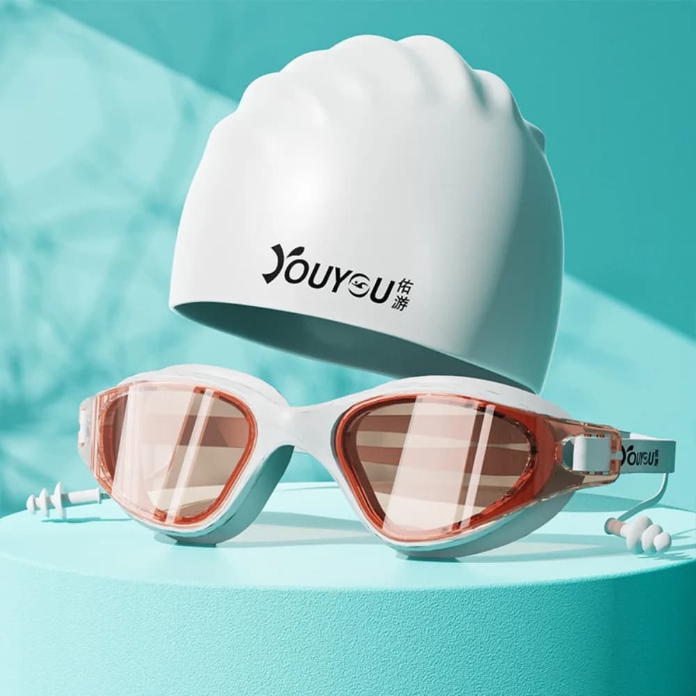Anti-fog Adult Swimming Goggles Set with Nose Clip with Ear Plugs Diving Eyewear Anti-leakage Wide Vision Silicone Swim Cap