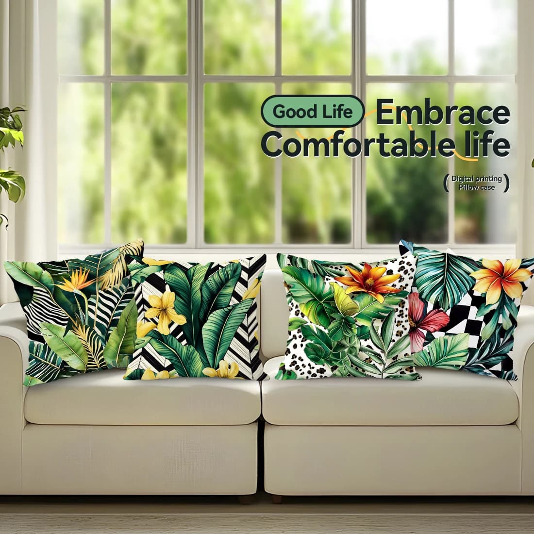 Set da 1/4 Pezzi di Cuscini con Foglie di Piante Tropicali, Federe in Poliestere, Copricuscini Decorativi per Casa, Auto e Divano