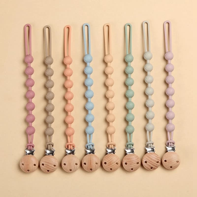 Clip per ciuccio con perline da masticare in legno di faggio Porta catena fittizio Catene per succhietto neonato Porta capezzoli per neonati Giocattolo per la dentizione Masticare il bambino
