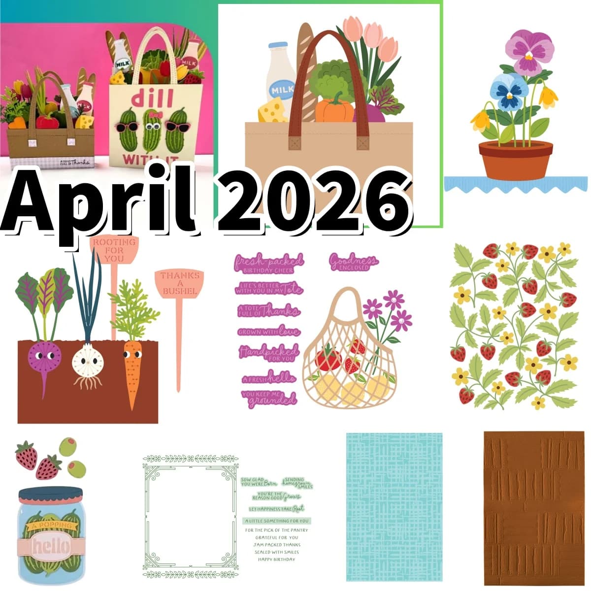 Set of metal stamps, transparent stamps and stencils with hot foil for creating DIY gift tickets and scrapbook, theme April 2026, with motifs of flowers, seeds and berries.