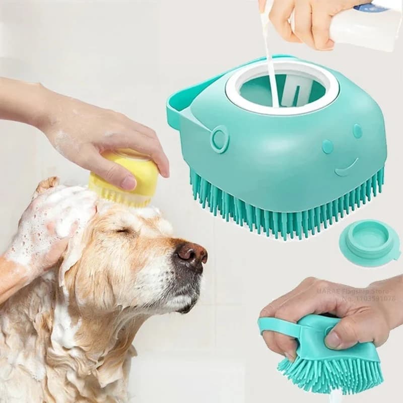 Spazzola da bagno per cani Spazzola per massaggio per animali domestici Dispenser per shampoo Spazzola in silicone morbido Setole in gomma per cani e gatti Doccia Strumento per toelettatura