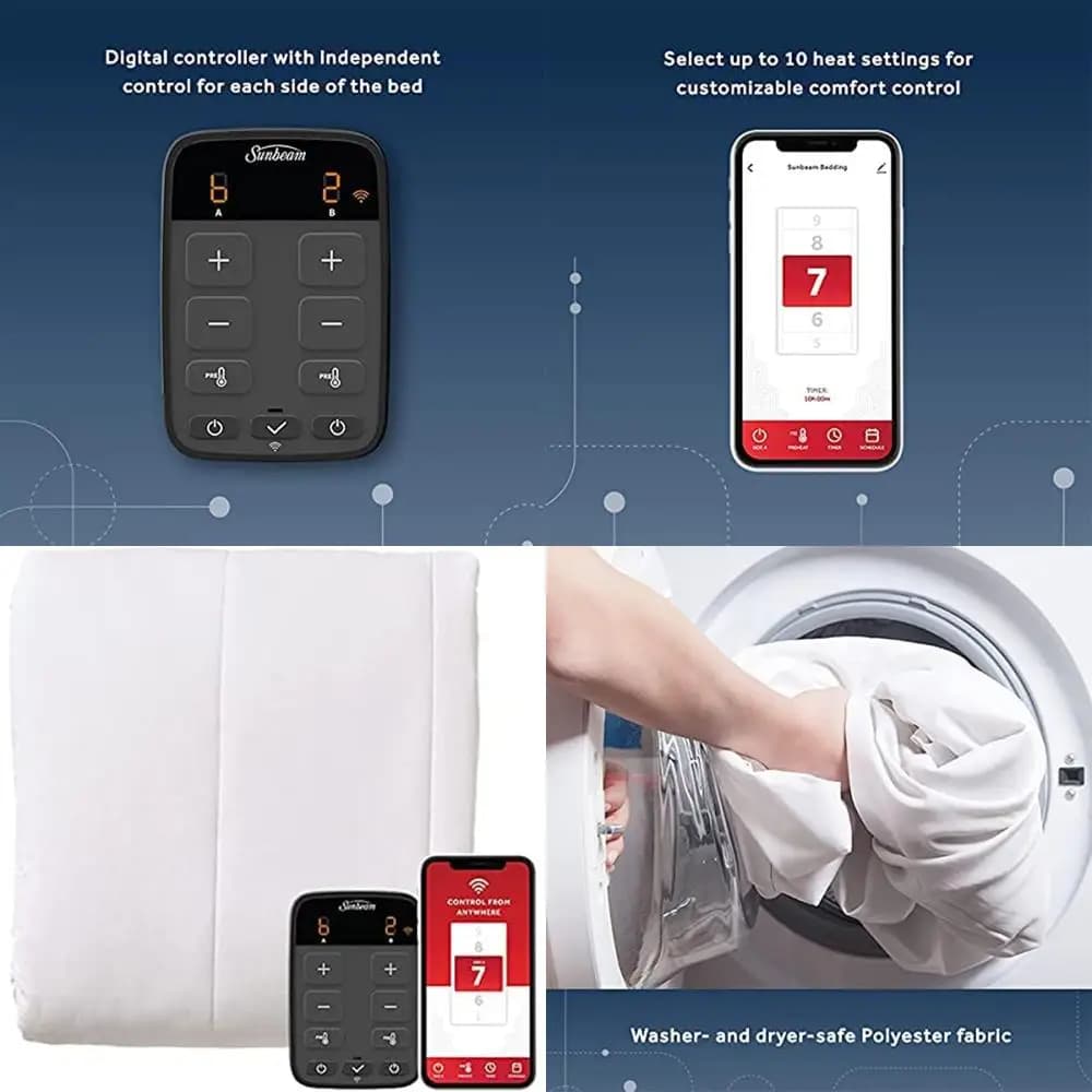 Materasso connesso Wi-Fi in poliestere, coperta elettrica, 10 impostazioni di calore, king size, bianco
