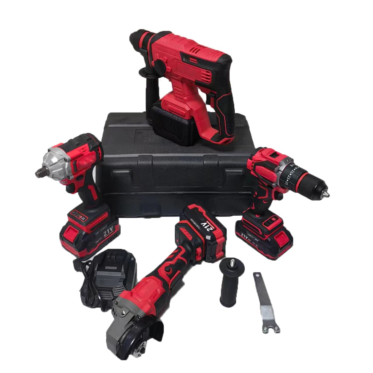Kit combinato di utensili elettrici agli ioni di litio 4 in 1 senza fili, incluso trapano a percussione, avvitatore a percussione, smerigliatrice angolare, caricatore rapido OEM