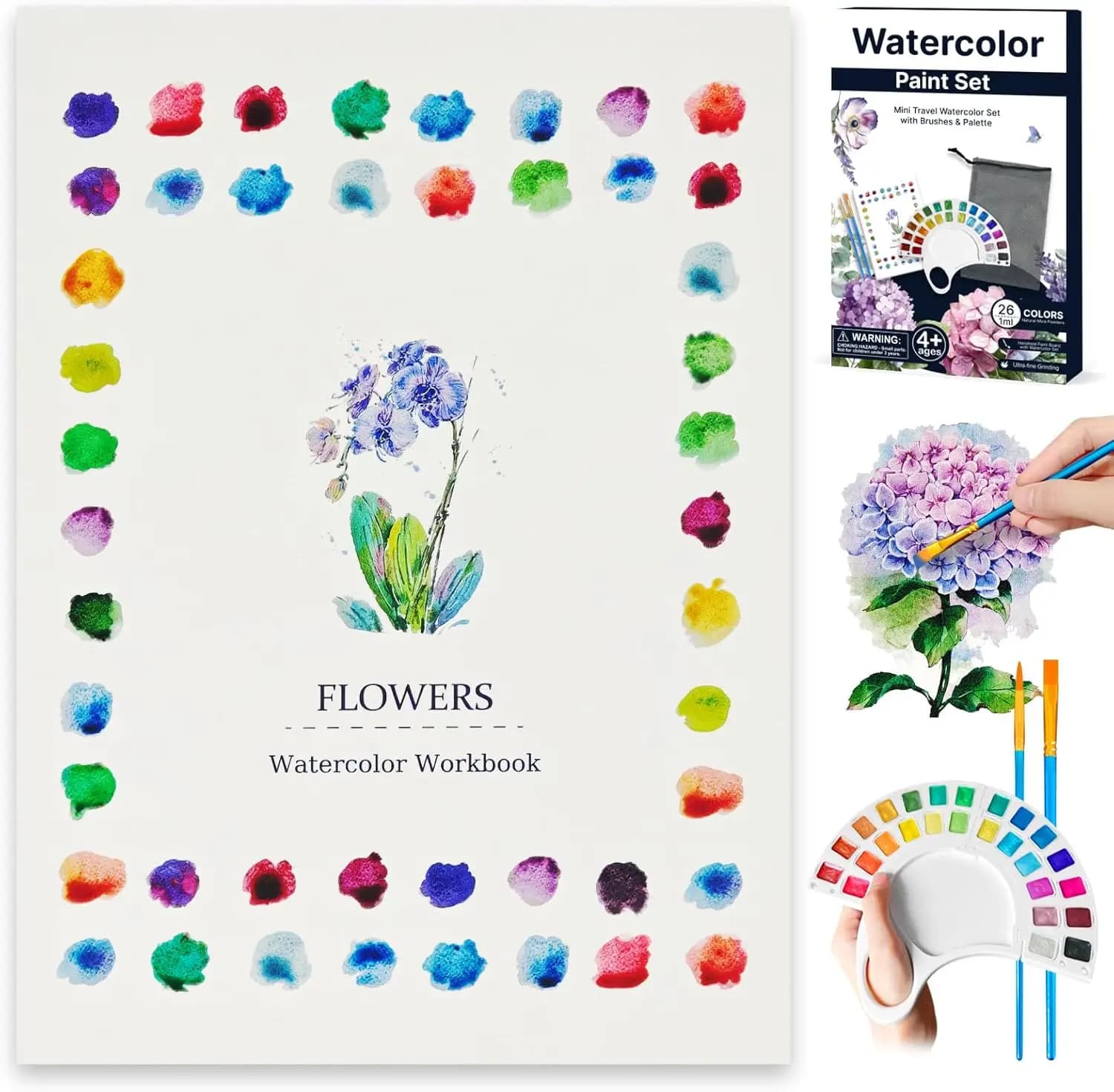 Watercolor Workbook: 13 Pages 300GSM, 26 Colors Paint Set with Brush & Bag, Flowers Theme Art Kit for Adults