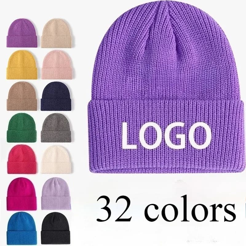 Custom Printing Embroidered Logo Acrylic Knitted Hat Autumn and Winter Men and Women Solid Color Warm Elastic Skull Beanie Caps