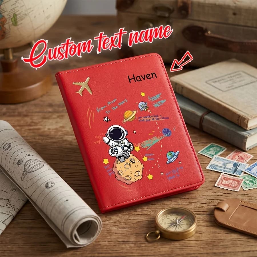 Custom Text Name Fashionable Passport Holder with Cute Cartoon Astronaut Design. a Convenient Open-close Closure for Easy Use