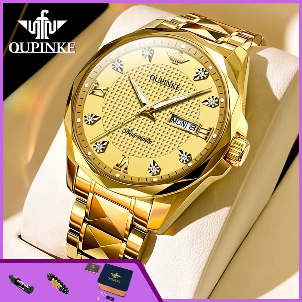 OUPINKE 3243 Men's Watches Automatic Mechanical Watch 50M Waterproof Dual Calendar Business Watches For Man Tungsten Steel Reloj