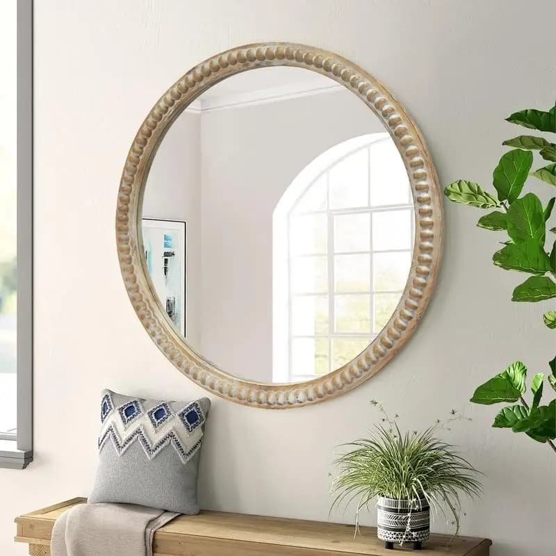 Specchio da parete decorativo rotondo, specchio con cornice in legno invecchiato da 35,43 pollici per ingresso, soggiorno, bagno, accento fattoria