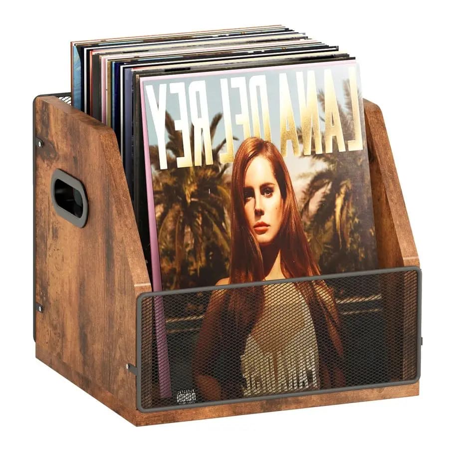 Contenitore per Dischi in Vinile, Scatola Portadischi, Porta Album in Vinile, Cassa in Metallo e Legno per LP da Scrivania, Contiene fino a 60 Dischi