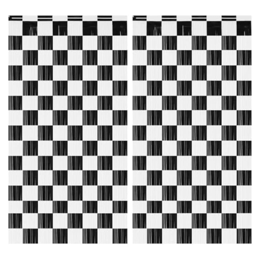 2PCS Race Car Foil Fringe Curtains 3.28x6.56 Ft, Black and White Checkered Party Backdrop Streamers Decorations, Photo Booth Pr