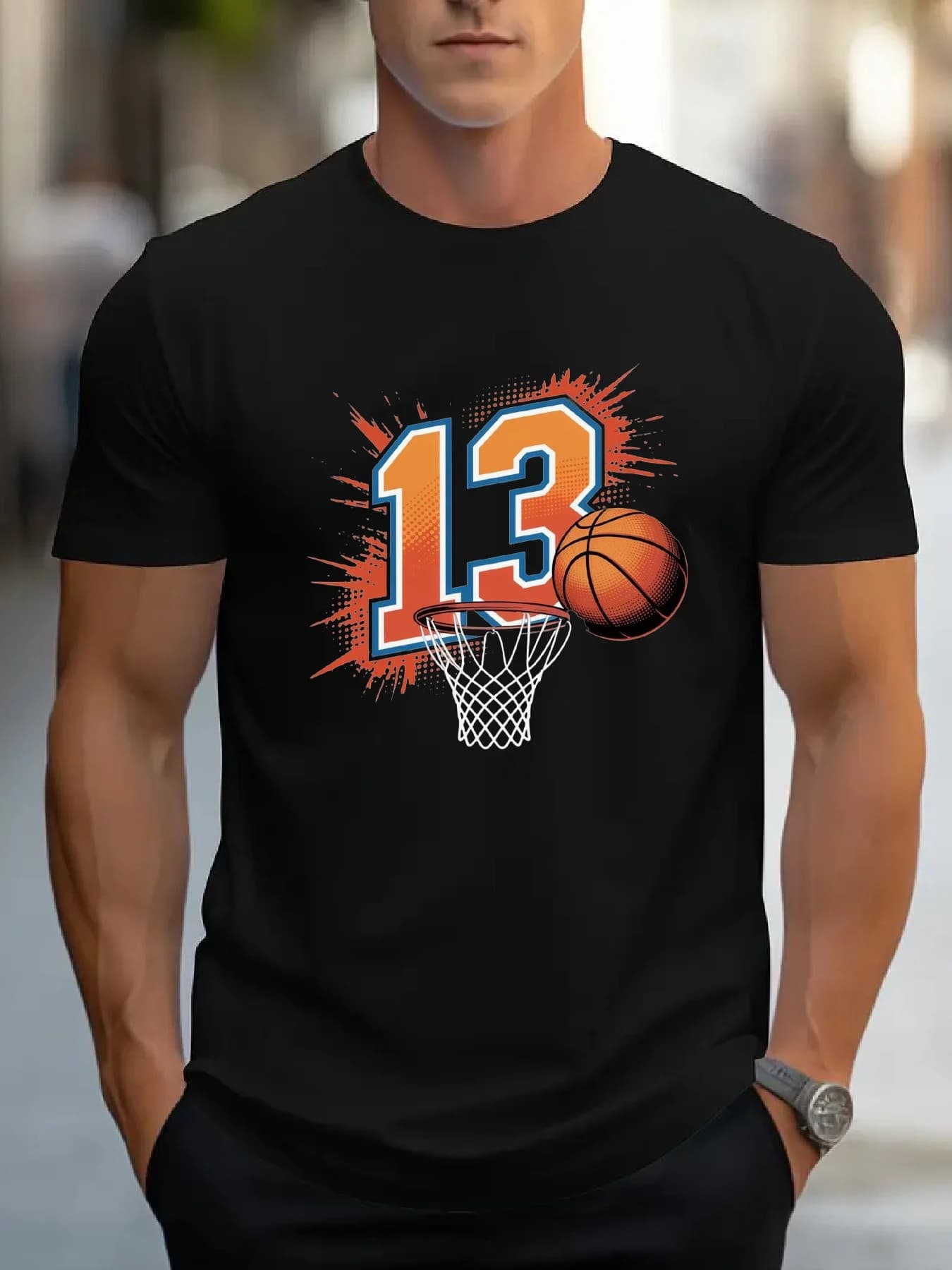 Basketball T-Shirt for Men with Graphics and Round Neck - With Number 13 and Decorations, Breathable Sports T-Shirt Casual
