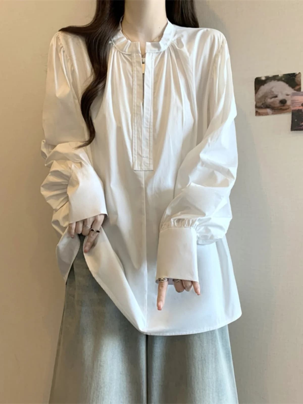 Loose Long Sleeve Zipper White Shirt Women's Spring Autumn plus Size Conceal Belly Age Reduction Base Shirt Casual Style