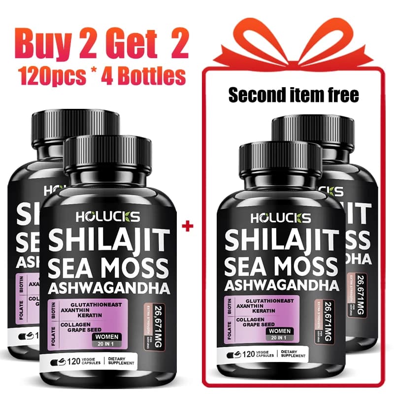 HOLUCKS Integratore di Shilajit, Muschio Marino e Ashwagandha, con Collagene, Biotina, Glutatione, Supporto per l'Equilibrio Ormonale ed Energia per Donne