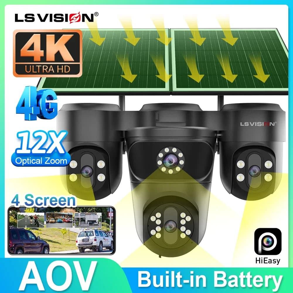 Telecamera Solare LS VISION a Quattro Schermi 4G AOV con Tre Obiettivi PTZ, Zoom Ottico 12X, Registrazione Video 24/7, Tracciamento Automatico del Zoom, Telecamera CCTV 4K