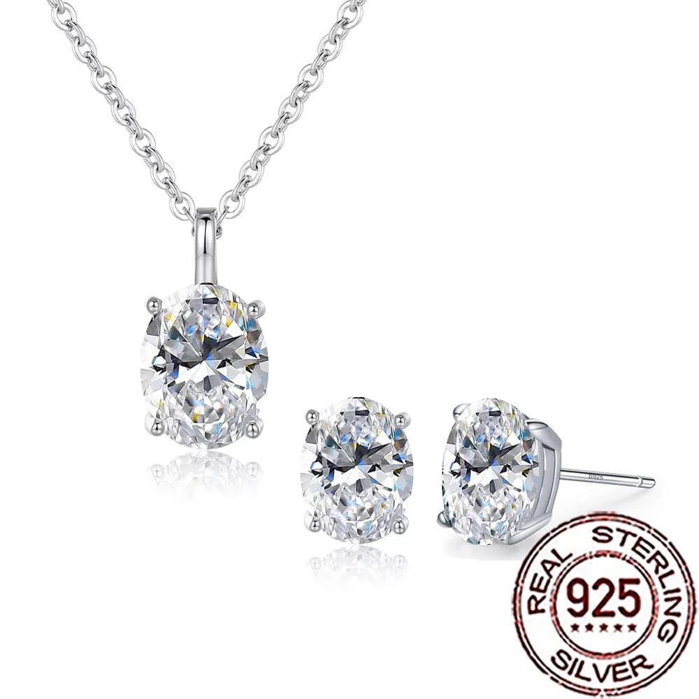 QooLady 925 Sterling Silver Lucido Zircone Cubico Grandi Orecchini Ovali Collana Set per Le Donne Decorazione di Cerimonia Nuziale Accessori di Gioielli ST046