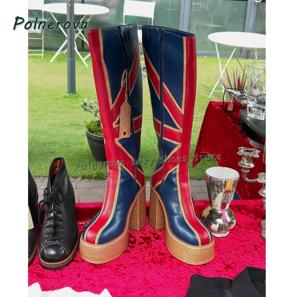 Stivali moda con plateau Union Jack Punta tonda Suola spessa Colori misti Tirare su stivali alti al ginocchio per ragazza piccante Street Style 2025 Trend